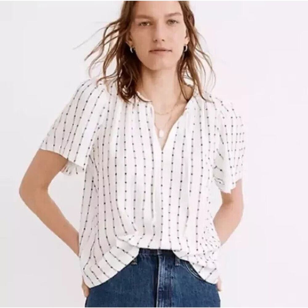 Madewell Shirt Womens 4X White Black Tie Neck Short Sleeve Tunic Top NE476